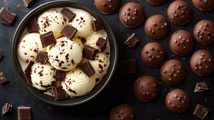 Chocolate ice cream topped with dark chocolate chunks