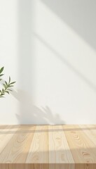 Smooth, light-colored wood table against white backdrop , overhead shot, table top, modern