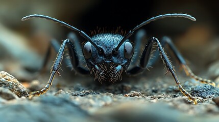 Detailed macro view of a black ant emerging from its nest on a textured surface capturing its precise movements