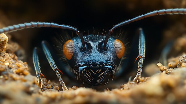 Detailed macro view of a black ant emerging from its nest on a textured surface capturing its precise movements