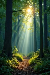 Obraz premium Sunbeams pierce dense forest canopy, dappled light on woodland floor, landscape, mystical