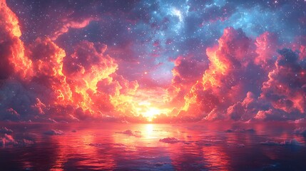 Obraz premium A vibrant celestial scene with dramatic fiery clouds and stars