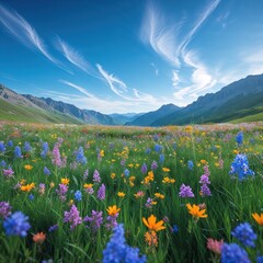 Fototapeta premium Lush fields are filled with colorful wildflowers, displaying shades of purple, blue, and orange. The backdrop features rolling mountains and a bright spring sky streaked with clouds