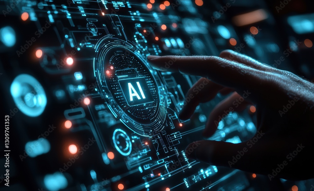 Poster engineer activating artificial intelligence on futuristic interface