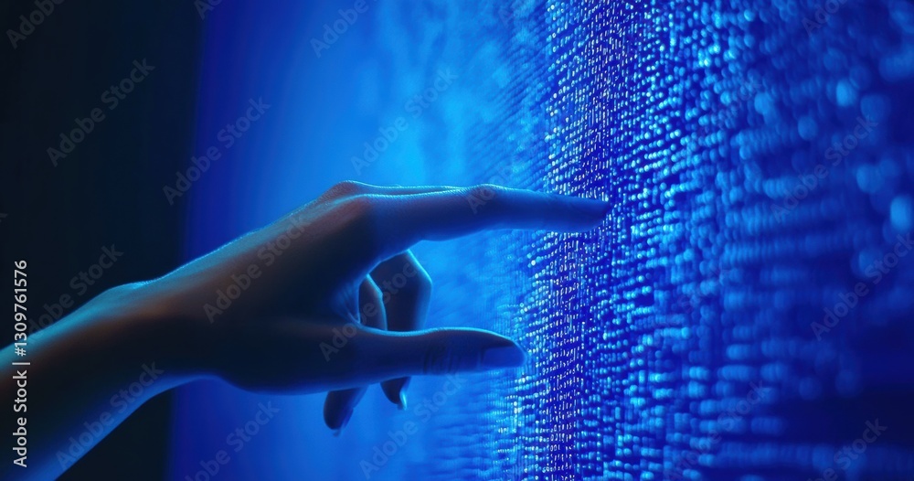 Poster Hand touching futuristic digital screen displaying data in blue light