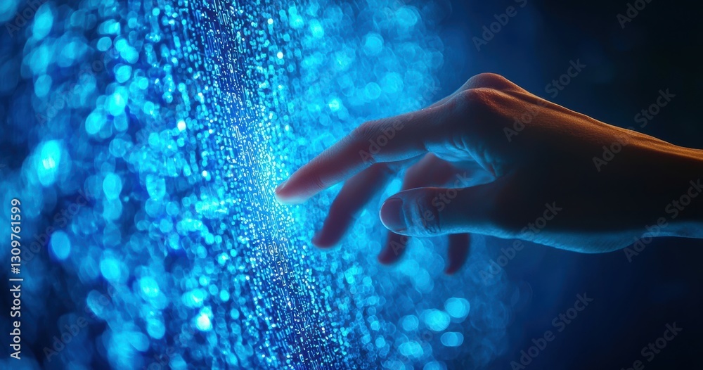 Poster Hand touching futuristic digital screen with data flow: artificial intelligence and technology