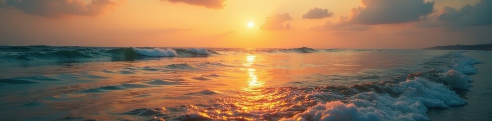 Fototapeta premium Golden hour light softly kisses tranquil ocean surface , blue, wave