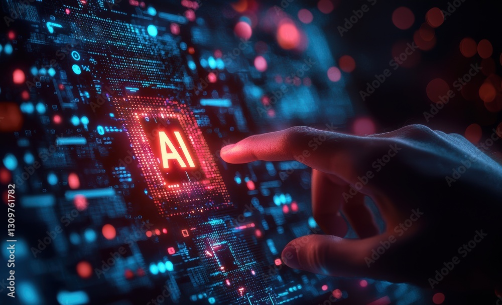 Poster Hand touching glowing ai icon on digital screen with data and technology elements