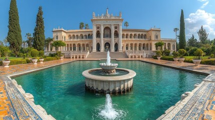 Naklejka premium Grand palace with fountain and pool in a landscaped garden