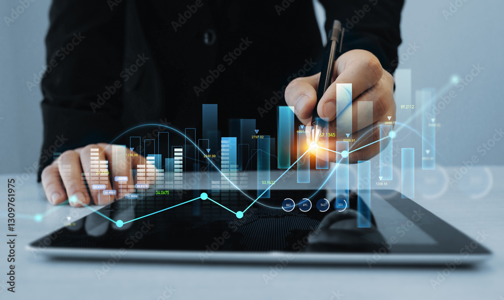Poster business growth graph chart. businessman using tablet analyzing sales data and financial report.fina