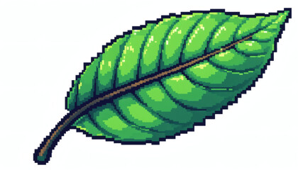 Naklejka premium Pixelated 8-Bit Leaf with Blocky Edges and Vibrant Green Hues, Isolated on White Background for Retro Natural Aesthetic