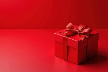Obraz premium Luxury single red gift box on red backdrop Ideal for holiday marketing , detail, marketing