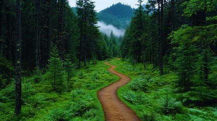 Obraz premium Serene Curvy Trail Through Lush Green Forest with Misty Mountains in Background