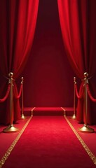 Red carpet unfolds before a gleaming gold stanchion , festival, barrier, show