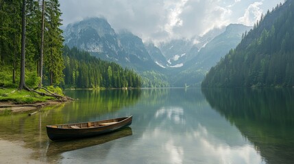 Obraz premium Serene Mountain Lake with Rowboat at Dawn