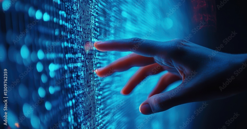 Poster hand touching digital data stream on futuristic blue interface