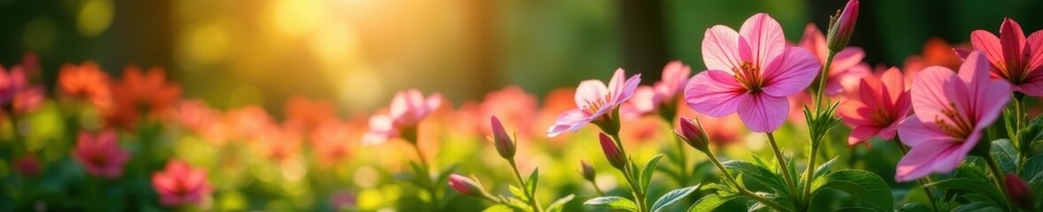 Sunlit lobelia flowers in a lush summer garden, ample copy space, copy space, closeup, nature