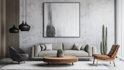 Modern minimalist living room with gray couch, concrete wall, and abstract art.