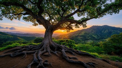 Fototapeta premium Majestic tree with expansive roots under sunset over green mountainous landscape