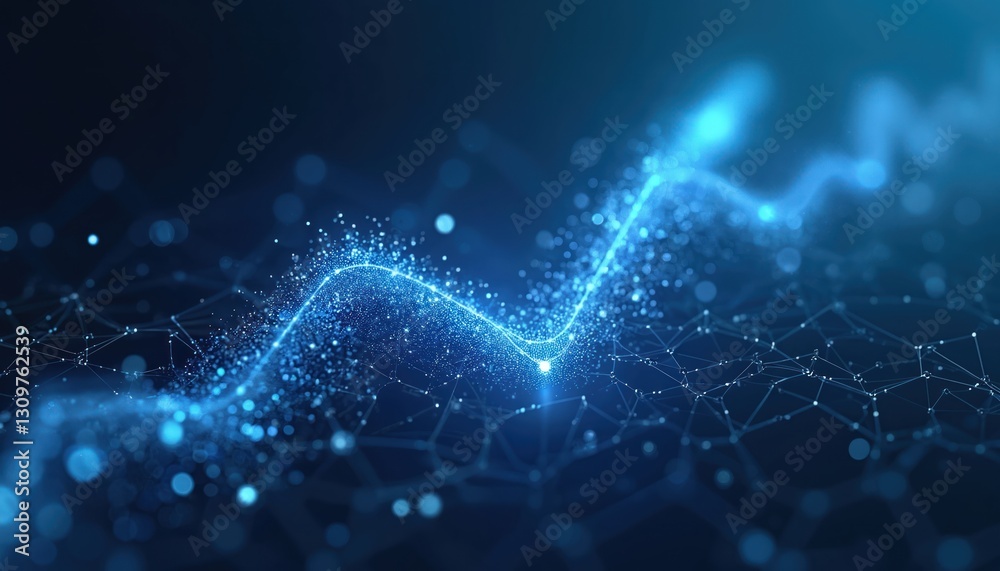 Poster Abstract blue technology background with a dynamic wave of glowing particles connected to a network. Modern design for tech, finance presentations, blockchain or data analysis visualizations.
