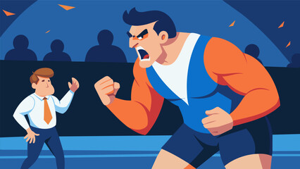 A coach anxiously pacing on the sidelines shouting instructions to his wrestler in the middle of a tense match.. Vector illustration