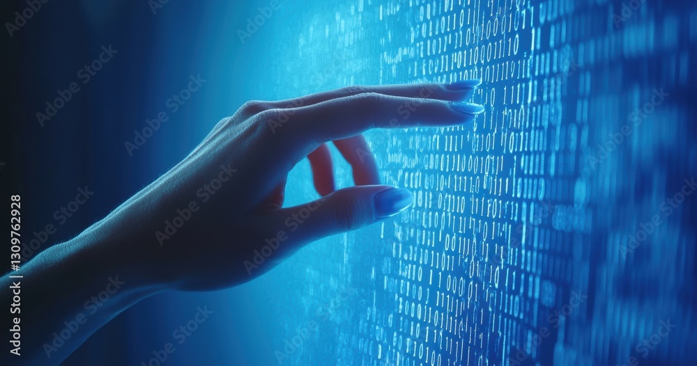 Fototapete Woman programmer touching virtual screen with binary code, futuristic business concept