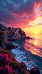 Vibrant hues paint Alghero's coastline at sunset , foreshore, stunning, ocean