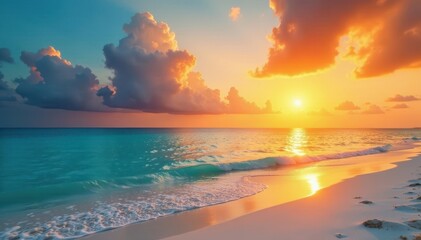 Vibrant orange sunset paints sky, reflecting on calm turquoise water, white sand beach , texture, white, bright