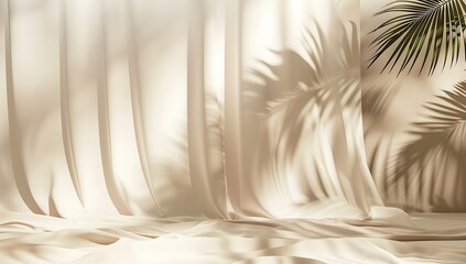 A serene background with a light beige curtain and subtle palm leaf shadows, creating an elegant and minimalist setting for product display or presentation