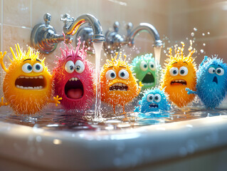 Funny Cartoon Germs Getting Washed in the Sink
