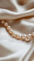 44. A close-up of a pearl bracelet with small gold accents, laid out elegantly on a satin fabric