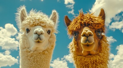 Obraz premium A serene close-up captures an alpaca's soft gaze against a backdrop of azure skies and fluffy white clouds, subtly angled to evoke gentle curiosity
