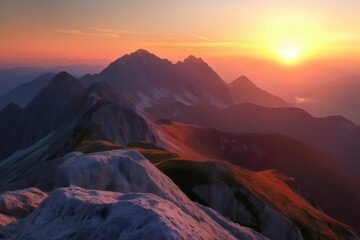 Breathtaking view of a mountain range bathed in the warm, golden light of a setting sun, creating a stunning display of nature's beauty