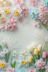 A vibrant assortment of spring flowers including tulips, daffodils, and cherry blossoms adorns a soft pastel background, evoking feelings of renewal and joy during the season