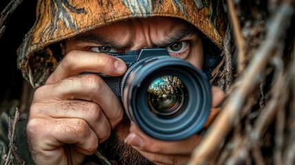 Wildlife Photographer Hiding in Nature Camouflage with Camera