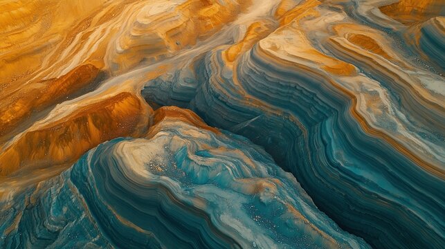 Aerial view of a massive open-pit rare earth mine, terraced layers in vibrant mineral colors of rust orange and turquoise