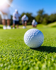 Golf ball on green, players putting in background