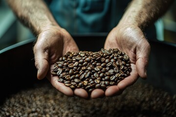 Coffee roaster holding roasted coffee beans in hands: a close-up