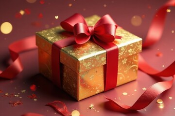 Obraz premium Ornate golden gift box with a rich, red ribbon , gift, close-up, photography
