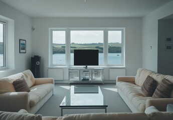 Modern living room with panoramic water view.