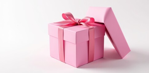 Pink gift box, open, satin ribbon, isolated on white , anniversary, holiday, satin