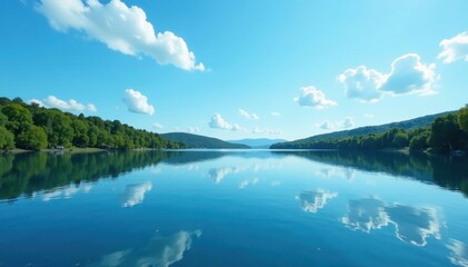 Serene blue lake, tranquil surface reflects sky, calm, still