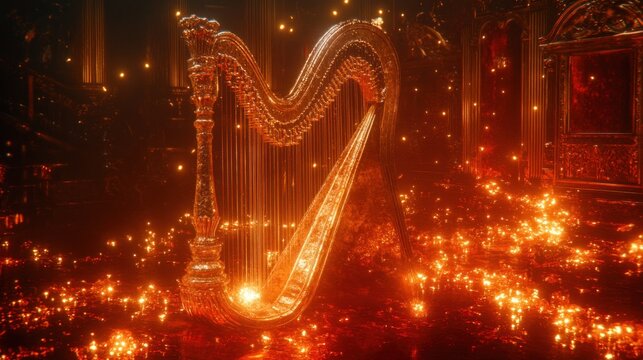 Golden Harp in a Majestic, Ornate Interior