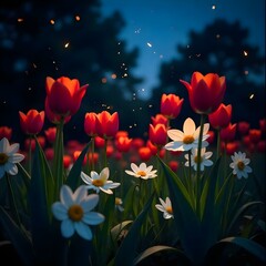 A vibrant garden in full bloom at twilight, with colorful dark red tulips, white daisies, and daffodils, fireflies glowing, under a dark blue sky with stars.