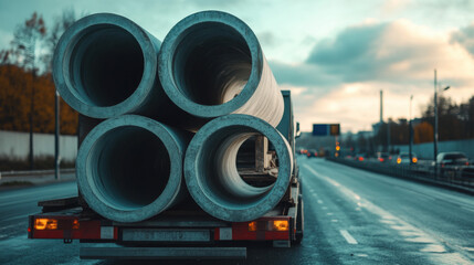 A truck trailer carries large ring pipes along a bustling city road under a cloudy sky during early evening hours