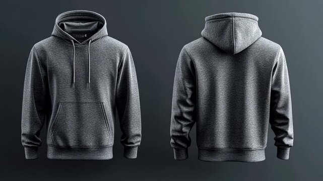Front and back view of a heather gray hooded sweatshirt displaying style and design details against a dark gradient backdrop highlighting texture