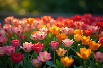 Vibrant blooms in meticulously designed flower bed, floral, colorful, texture