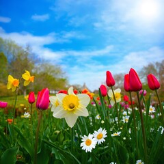 A vibrant garden in full bloom at twilight, with colorful dark red tulips, white daisies, and daffodils, fireflies glowing, under a dark blue sky with stars.
