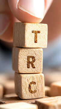 Hand placing wooden cube with letter T on top of R and C.