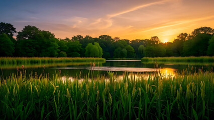 A serene landscape painting of a tranquil lake at sunset, featuring a rich tapestry of green trees